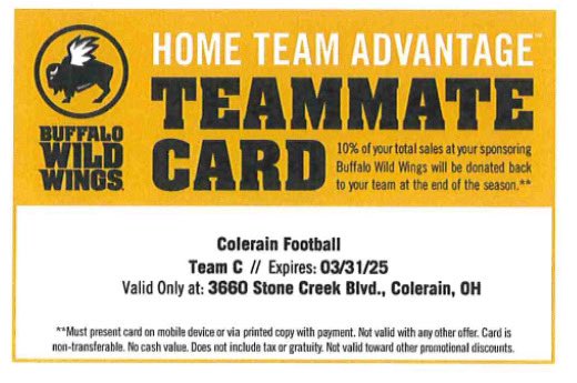 Jordan Stevens (@coachjmstevens) on Twitter photo 🚨🚨Colerain Football teamed up w/ Colerain BW3’s! From now until March 31st if you eat at or order from the Colerain BW3’s, show them this “Teammate Card” and 10% of your bill will be donated to Colerain Football! Thank you in advance! 🚨 #TheRainWillReignAgain <a href="/CardinalsAll/">Colerain Cardinals Beat Reporter</a> 🚨🚨Colerain Football teamed up w/ Colerain BW3’s! From now until March 31st if you eat at or order from the Colerain BW3’s, show them this “Teammate Card” and 10% of your bill will be donated to Colerain Football! Thank you in advance! 🚨 #TheRainWillReignAgain <a href="/CardinalsAll/">Colerain Cardinals Beat Reporter</a>