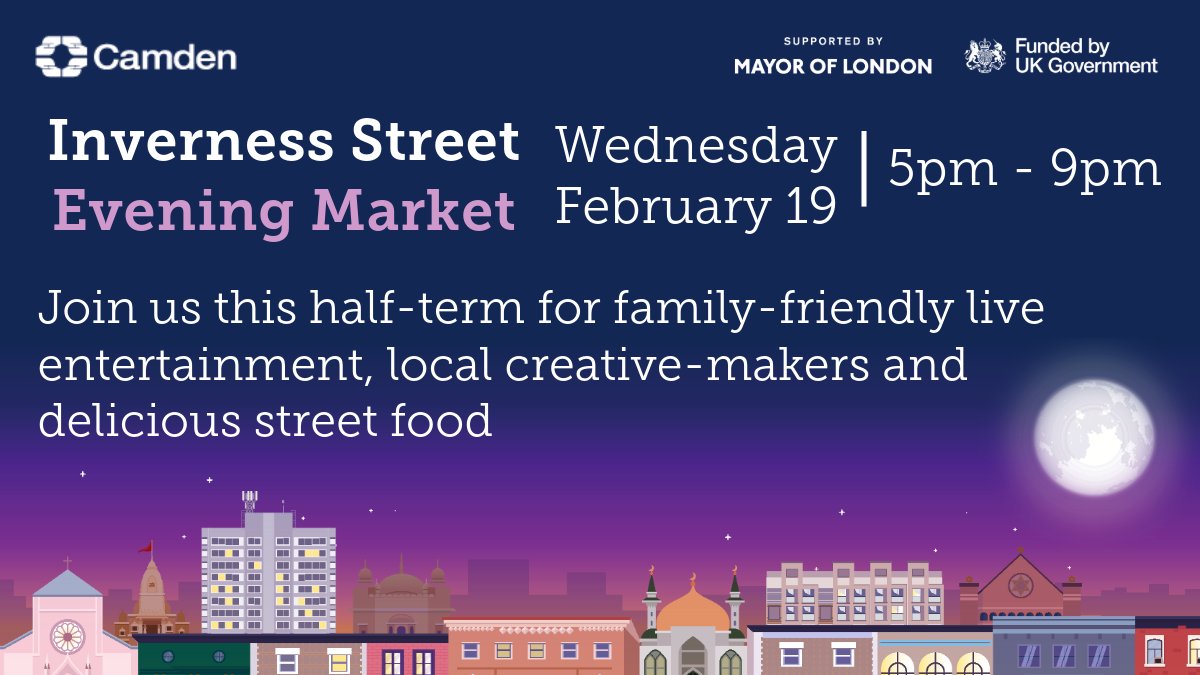 Join us this half-term!
We'll be at the Inverness Street Evening Market on Wednesday 19 Feb:
Inverness Street, Camden Town
Wednesday 19 February
5pm – 9pm
Street food, music, arts &amp; crafts
Family-friendly
Free to attend
Find out more ➡ lovecamden.org/whats-on/inver…