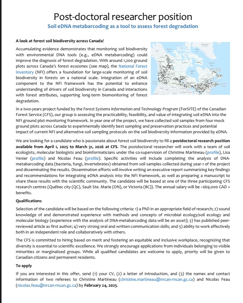 🌳Postdoc opportunity🌲🌿
Passionate about forest soil biodiversity? Join us to explore Canada’s Forest using eDNA metabarcoding! 📊 work with a  team of soil ecologists, forest pathologists &amp; bioinformaticians at CFS 🇨🇦
#Postdoc #Biodiversity #eDNA #SoilEcology #Forest PleaseRT