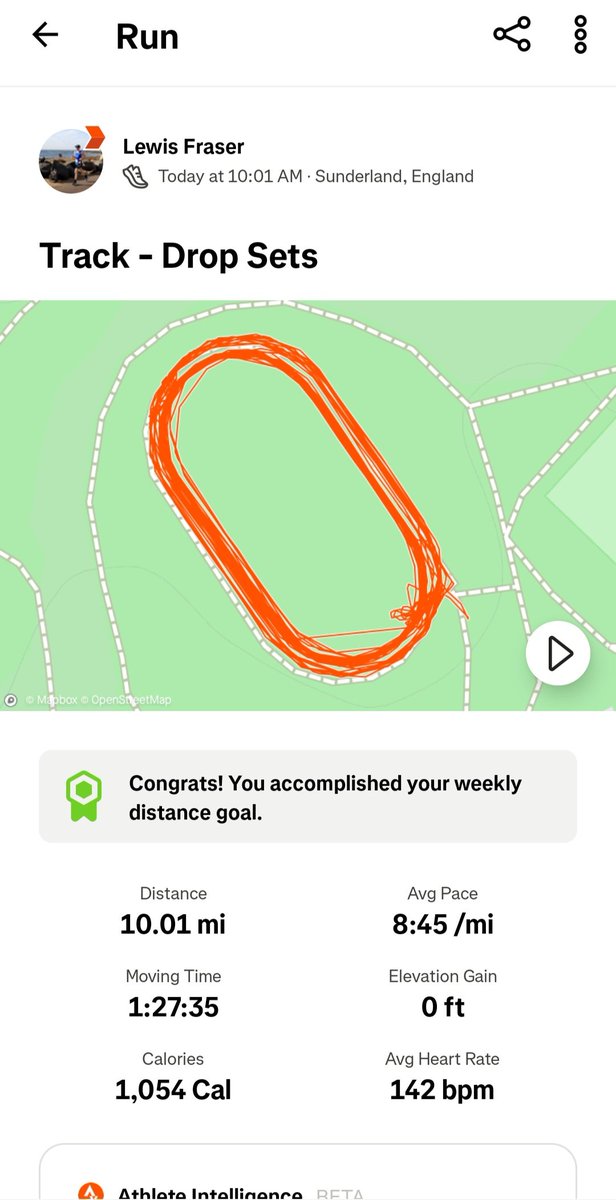 LF__Running's tweet photo. Track Session - Drop sets
2.75mi warm up, 2x1km, 3x800m,3x600m,3x400m,3x200m (90s), 1.2mi CD - Pace started on target but i got carried away towards the shorter intervals. Overall felt good, had a slight tightness in right calf but now gone #tracksession #ukrunchat https://t.co/eyRldsMWFQ