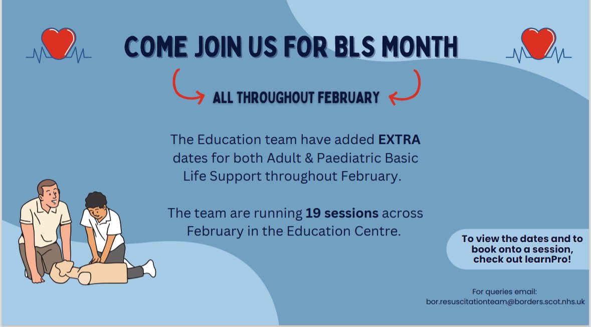 Gayle Burton (@gaylebu29223694) on Twitter photo ‼️Calling all NHS Borders staff‼️ we are running extra Basic Life Support courses during the month of February.
All clinical and non clinical staff are welcome! Book on via Learnpro or drop in and say hello!! <a href="/Mor1Reilly/">Michelle O’Reilly 👩🏻⚕️🩺</a> <a href="/flylip/">Philip Grieve</a> <a href="/LouiseM17513002/">Louise McIntosh</a> <a href="/And67Lesley/">LesleyAnd67</a> <a href="/heather75065805/">heather hawkins</a> ‼️Calling all NHS Borders staff‼️ we are running extra Basic Life Support courses during the month of February.
All clinical and non clinical staff are welcome! Book on via Learnpro or drop in and say hello!! <a href="/Mor1Reilly/">Michelle O’Reilly 👩🏻⚕️🩺</a> <a href="/flylip/">Philip Grieve</a> <a href="/LouiseM17513002/">Louise McIntosh</a> <a href="/And67Lesley/">LesleyAnd67</a> <a href="/heather75065805/">heather hawkins</a>