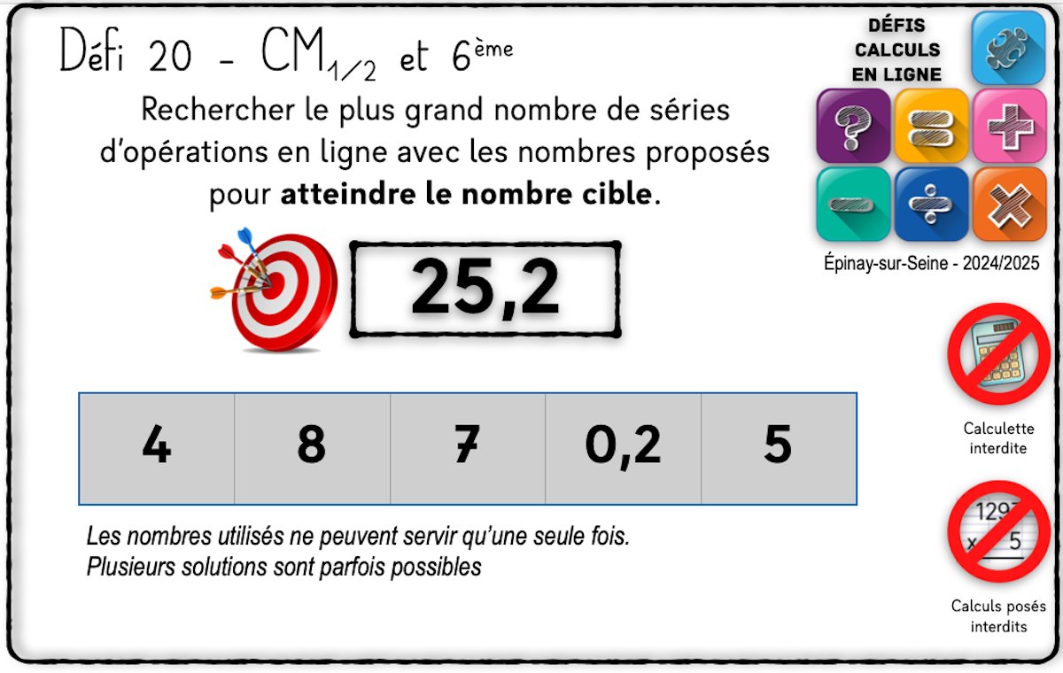 Dernier défi calcul pour les CM1 CM2 et 6e de la période 3.
Une action du plan mathématiques
Connaissances des faits numériques, de procédures et recherches de stratégies de calculs en ligne et réfléchis qui s’appuient sur le calcul mental.
ien-epinay.circo.ac-creteil.fr/spip.php?page=…
