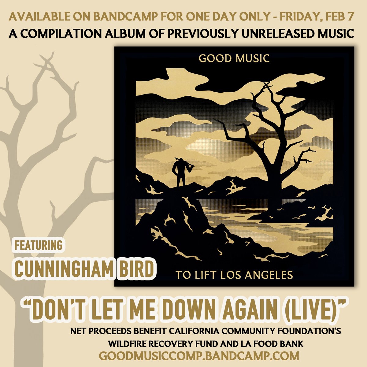Available for one day only! Head over to bandcamp and help support the recovery efforts for our beloved LA. Honored to contribute a Cunningham Bird tune for the cause. See here: goodmusiccomp.bandcamp.com