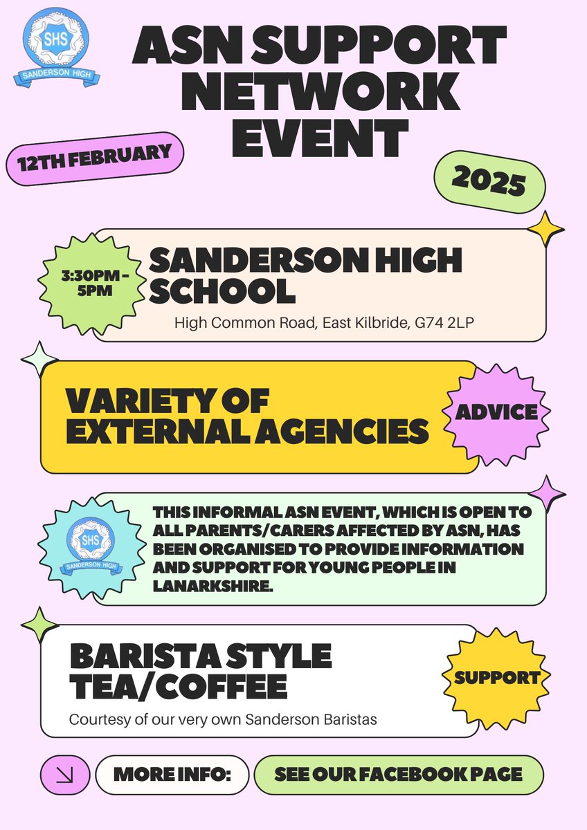 Lanarkshire Carers (@lan_carers) on Twitter photo Join <a href="/Lan_Carers/">Lanarkshire Carers</a> and <a href="/sdsnetsl/">Self-Directed Support Network South Lanarkshire</a> for an Additional Support Needs (ASN) support network event.
Open to all parents and carers. Please see flyer.
Held at Sanderson High School, East Kilbride, on Wednesday, 12 February 2025 at 3:30 PM. Join <a href="/Lan_Carers/">Lanarkshire Carers</a> and <a href="/sdsnetsl/">Self-Directed Support Network South Lanarkshire</a> for an Additional Support Needs (ASN) support network event.
Open to all parents and carers. Please see flyer.
Held at Sanderson High School, East Kilbride, on Wednesday, 12 February 2025 at 3:30 PM.