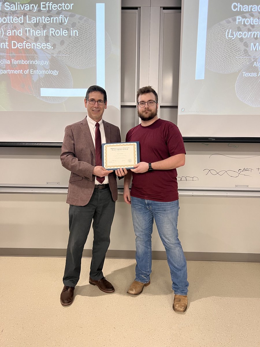 tamuentomology's tweet image. Alexandrea Smith, Master&apos;s student in Dr. Cecilia Tamborindeguy&apos;s lab, received the 2024 Outstanding Graduate Student Award for M.S., &amp;amp; John Grunseich, Ph.D. candidate in both @HelmsLab and Dr. Julio Bernal&apos;s lab, received the 2024 Outstanding Graduate Student Award for Ph.D. 👍