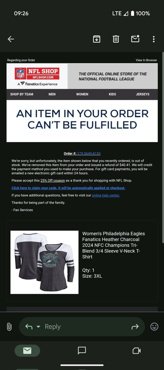 Danielle0314's tweet photo. How can an order be out of stock when it was placed the second it was made available?!?!? @OfficialNFLShop DO BETTER https://t.co/S0yfi3ATeH