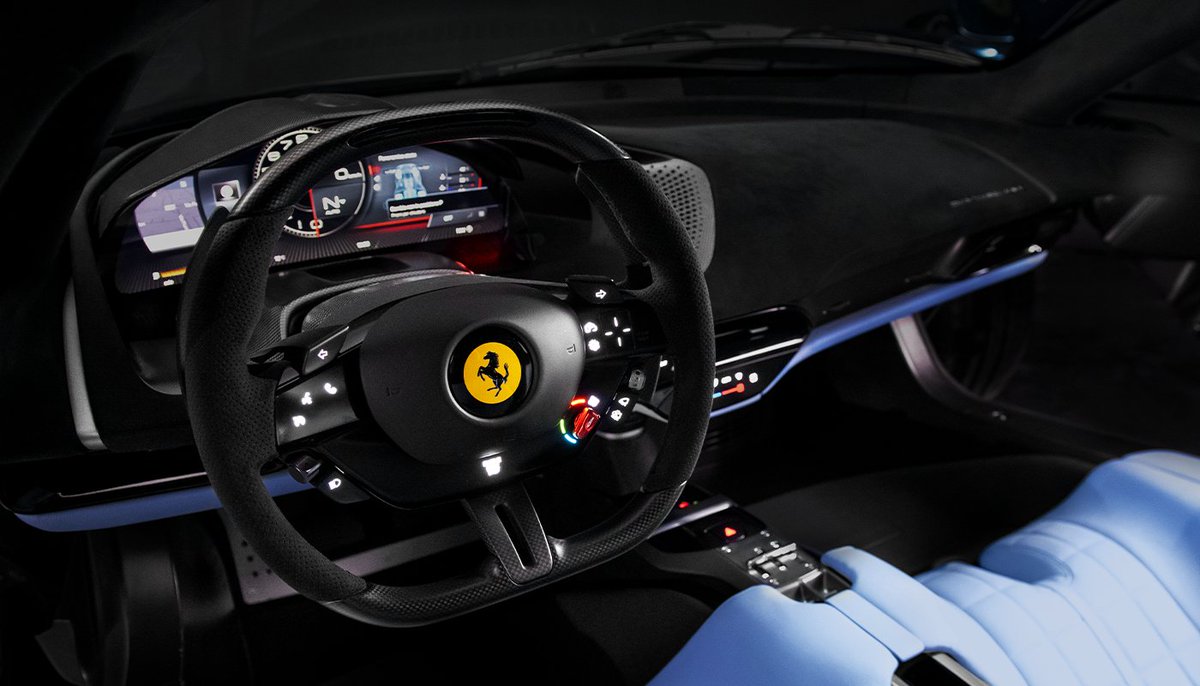 Ferrari's tweet photo. The #FerrariTailorMade programme opens up a world of possibility. This #FerrariDaytonaSP3, for example, exudes athleticism with its gloss finish blue carbon exterior, perfectly balanced with dynamic Blu Mascara leather inside.

#IconaFerrari #Maranello #Ferrari https://t.co/VlGptL5gvY