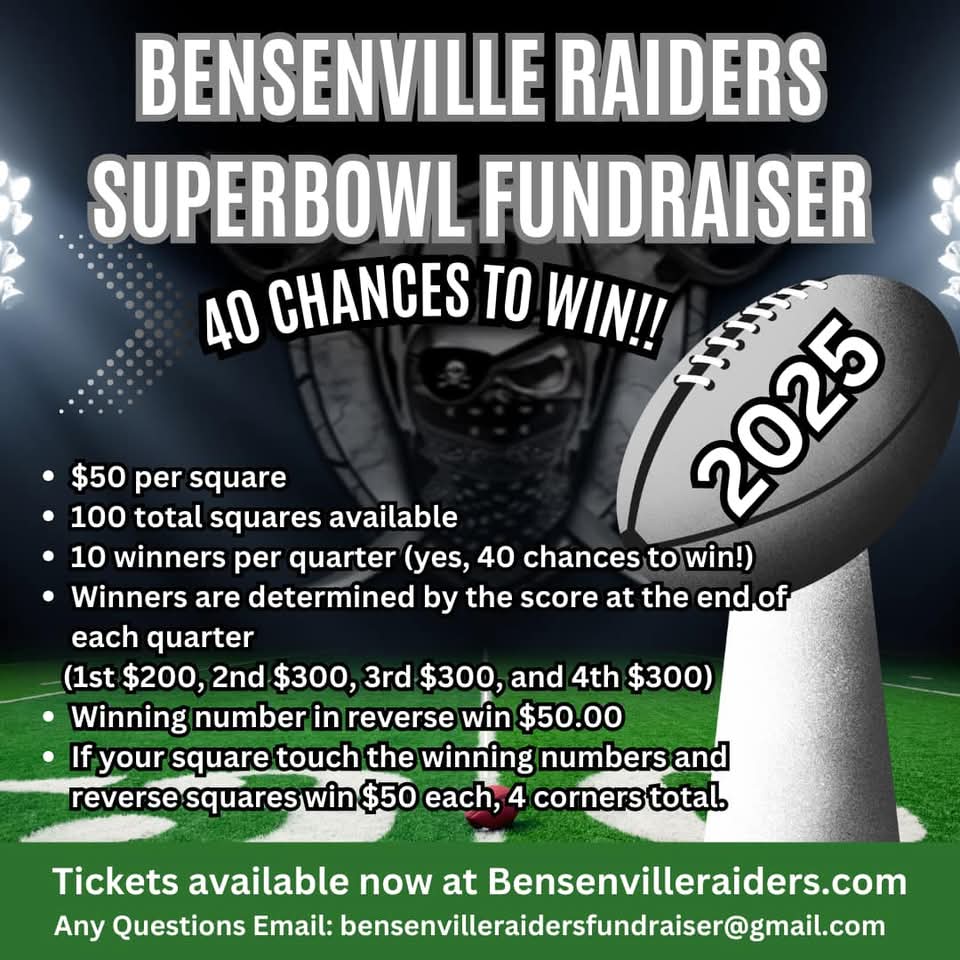 Last call. Squares are now only $25 
Click the link below to purchase 
bensenvilleraiders.com