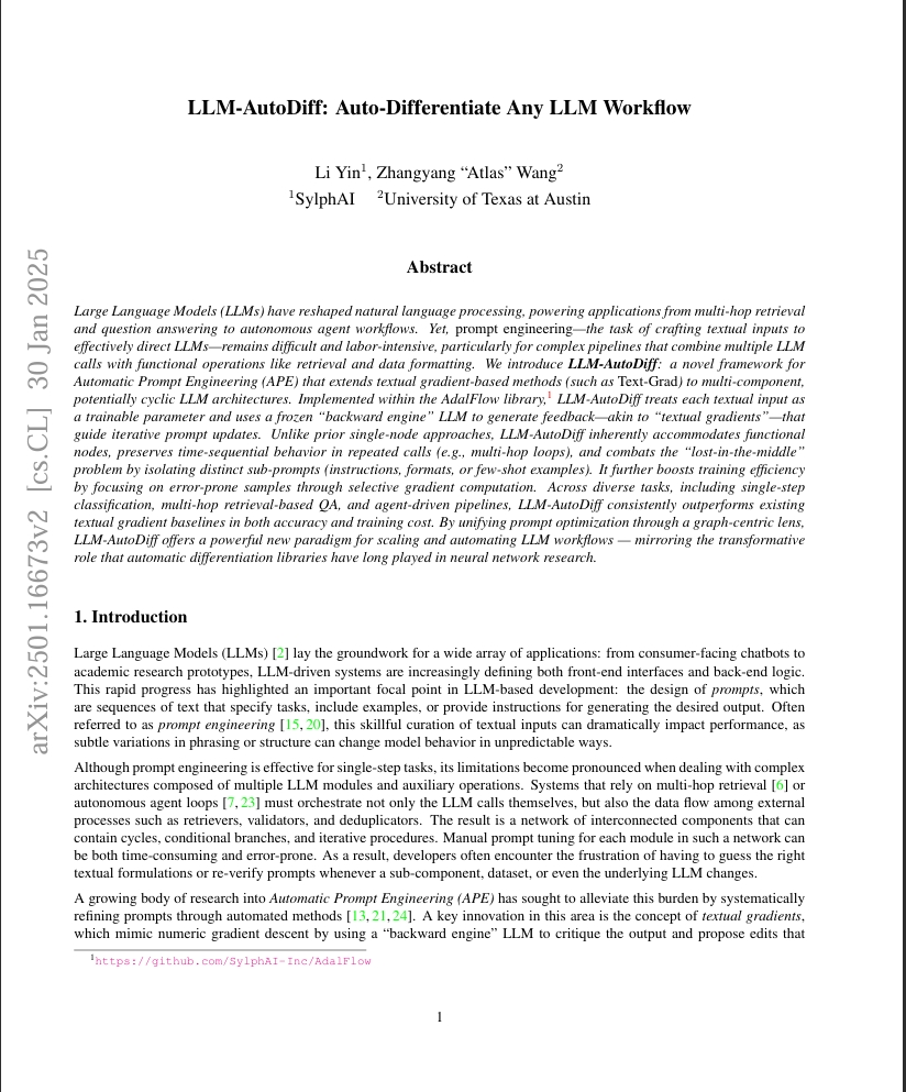 BayesLabs's tweet image. LLM-AutoDiff: Smarter Prompt Optimization

Manual tuning is slow. LLM-AutoDiff uses gradient-based Automatic Prompt Engineering (APE) for better results.

Fixes “lost-in-the-middle” issues
Cuts cost &amp;amp; boosts accuracy

Read more: lnkd.in/dwa6NDSk #AI #LLM #ML