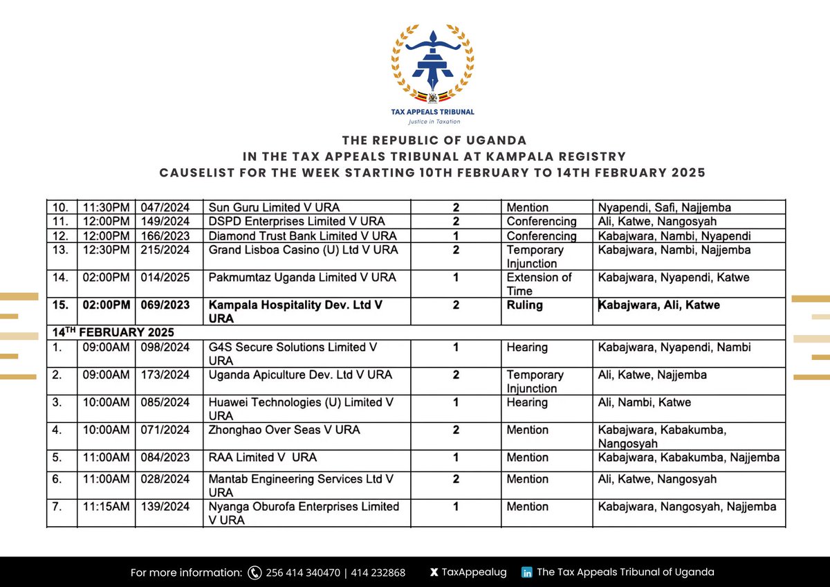 TaxAppealug's tweet photo. You can also visit our offices located in Kampala at 8th Floor, National  Insurance Building, Pilkington Road or any of our regional offices  located in Arua, Mbale, Mbarara and Gulu.
#tribunal #causelist https://t.co/H23jXRP5f9