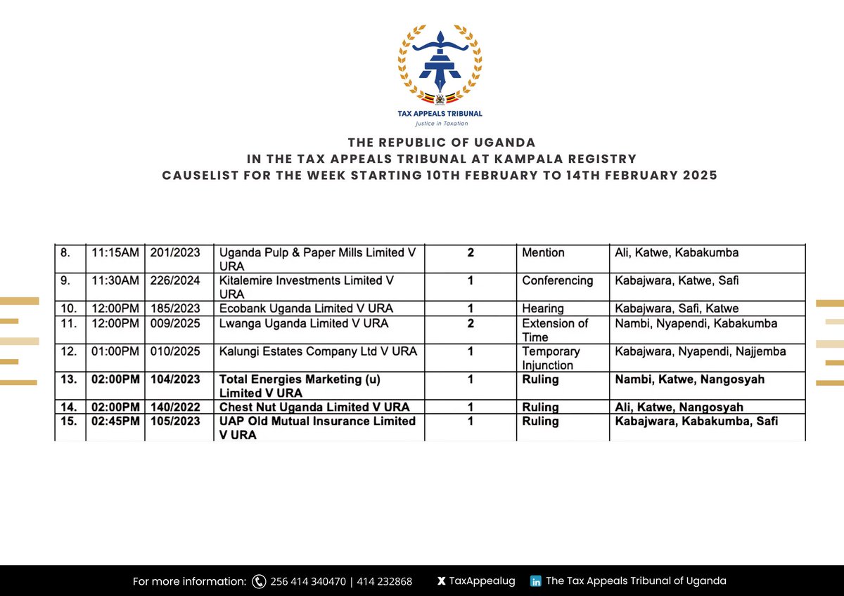 TaxAppealug's tweet photo. You can also visit our offices located in Kampala at 8th Floor, National  Insurance Building, Pilkington Road or any of our regional offices  located in Arua, Mbale, Mbarara and Gulu.
#tribunal #causelist https://t.co/H23jXRP5f9