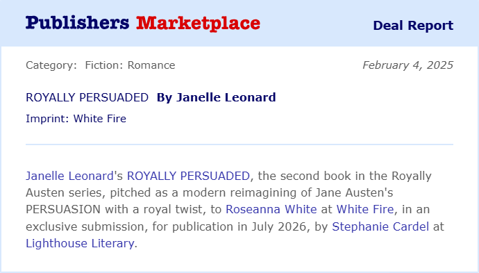 New deal to report! Congratulations, <a href="/JanelleLeonard2/">Janelle Leonard</a>