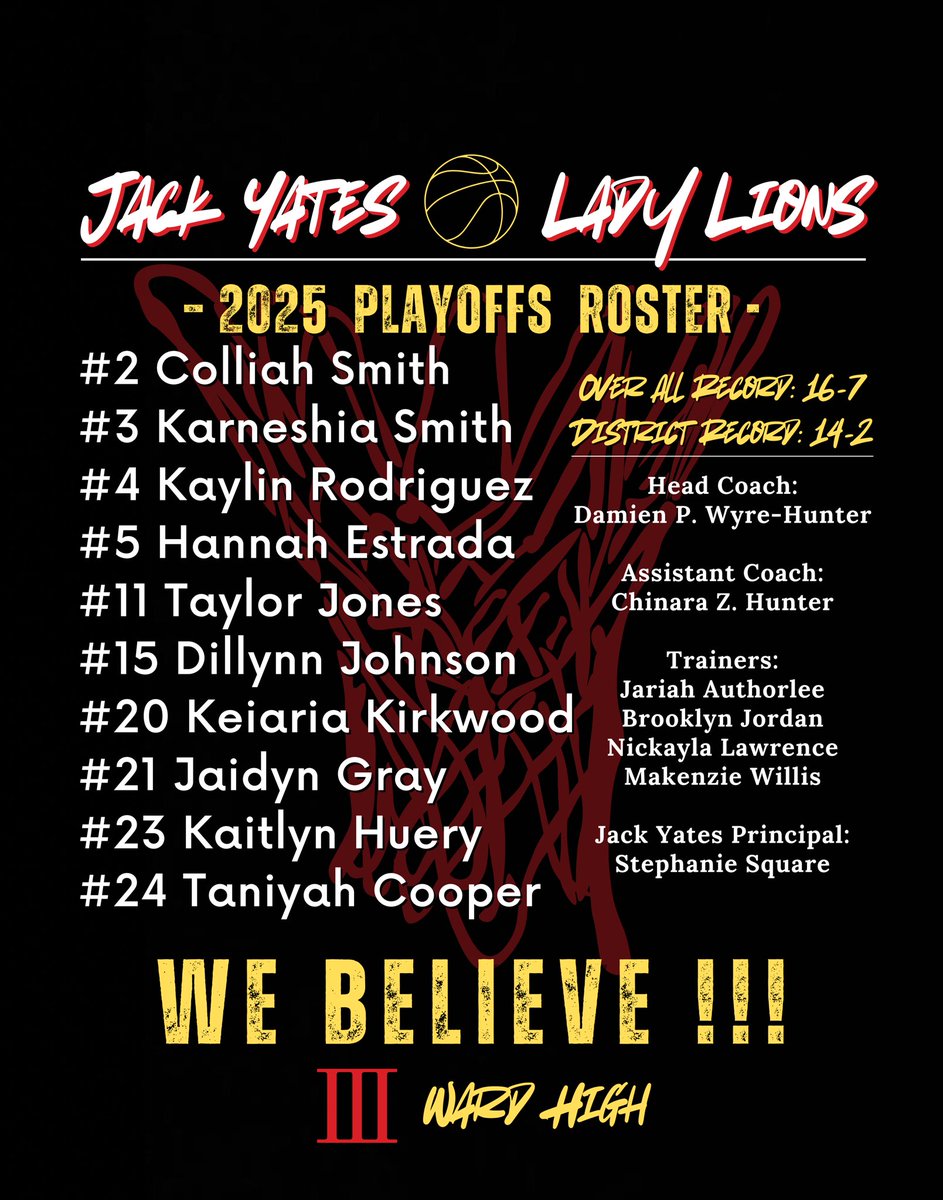 🏀The 2024-2025 Jack Yates Lady Lions are Playoffs Bound. We will face off against Hamshire-Fannett 1st rd. (Bi-District Round)
I am proud of my team and what they have accomplished this year. Only the beginning! Year 1 and still going. Let’s Hoop <a href="/JYLadyLionsGBB/">🏀Jack Yates HS Lady Lions Basketball Team</a> !!!🦁❤️💛