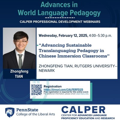 Our next CALPER Professional Development webinar is next week! Join us and Dr. Tian on Wednesday, February 12, 2025 for "Advancing Sustainable Translanguaging Pedagogy in Chinese Immersion Classrooms." Register now: tinyurl.com/CALPERPD25