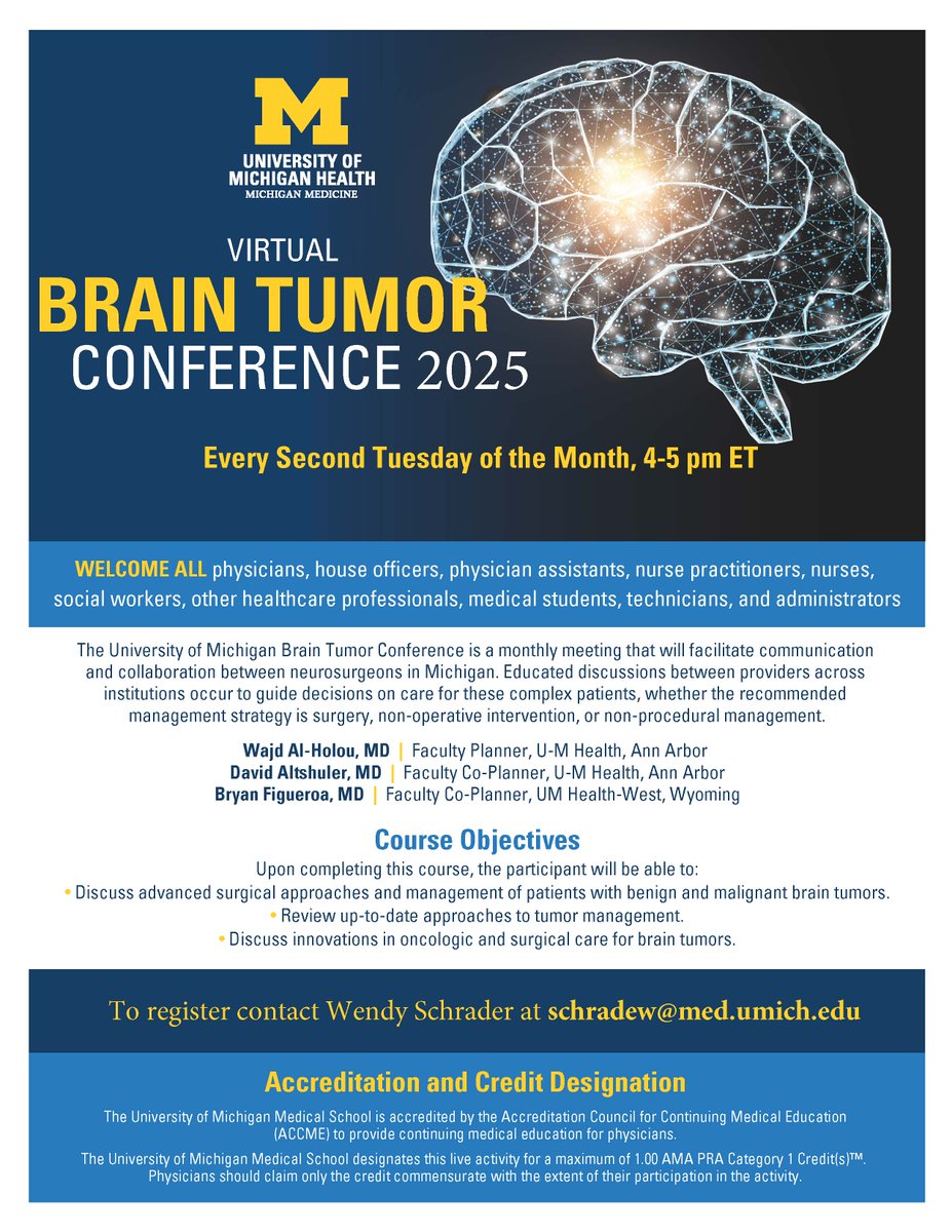 Michigan Neurosurgery (@umichneuro) on Twitter photo Attention Michigan Neurosurgeons! Please join us for our monthly statewide interactive brain tumor conference Tuesday, Feb 11 @ 4 pm ET. CME available. Email schrader@med.umich.edu for free registration. #braintumor #conference #virtual #healthcareworkforce #Michigan Attention Michigan Neurosurgeons! Please join us for our monthly statewide interactive brain tumor conference Tuesday, Feb 11 @ 4 pm ET. CME available. Email schrader@med.umich.edu for free registration. #braintumor #conference #virtual #healthcareworkforce #Michigan