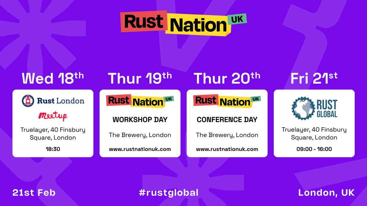 RustLondon_'s tweet photo. π Excited for #RustNation25? Join us on February 18th for our pre-conference event hosted by @SmarketsTech π
RSVP Here
https://t.co/FNTLoXZag3
Conference Tickets are still available
https://t.co/4G31DOGfNJ
π¦β¨ #RustLang https://t.co/FlJWGiWCAD