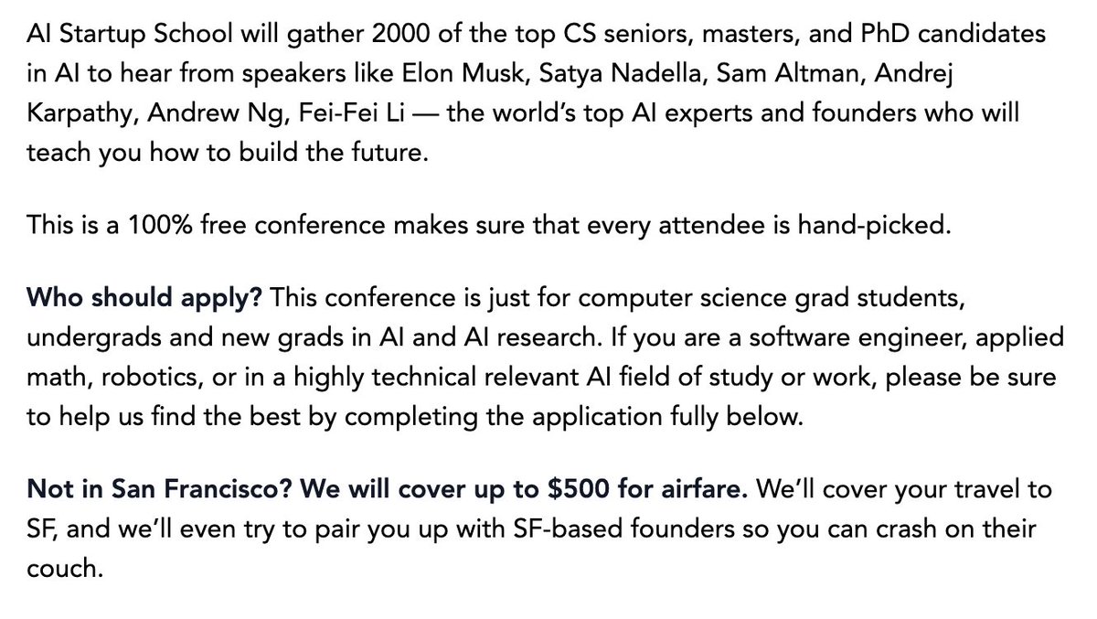 garrytan's tweet image. I&apos;m proud to announce YC&apos;s first AI Startup School— June 16 and 17th in San Francisco. It&apos;s a totally free conference bringing together the next top CS and AI minds in the world. 

Learn from top founders and AI researchers and meet your peers who will build the future. Apply now…