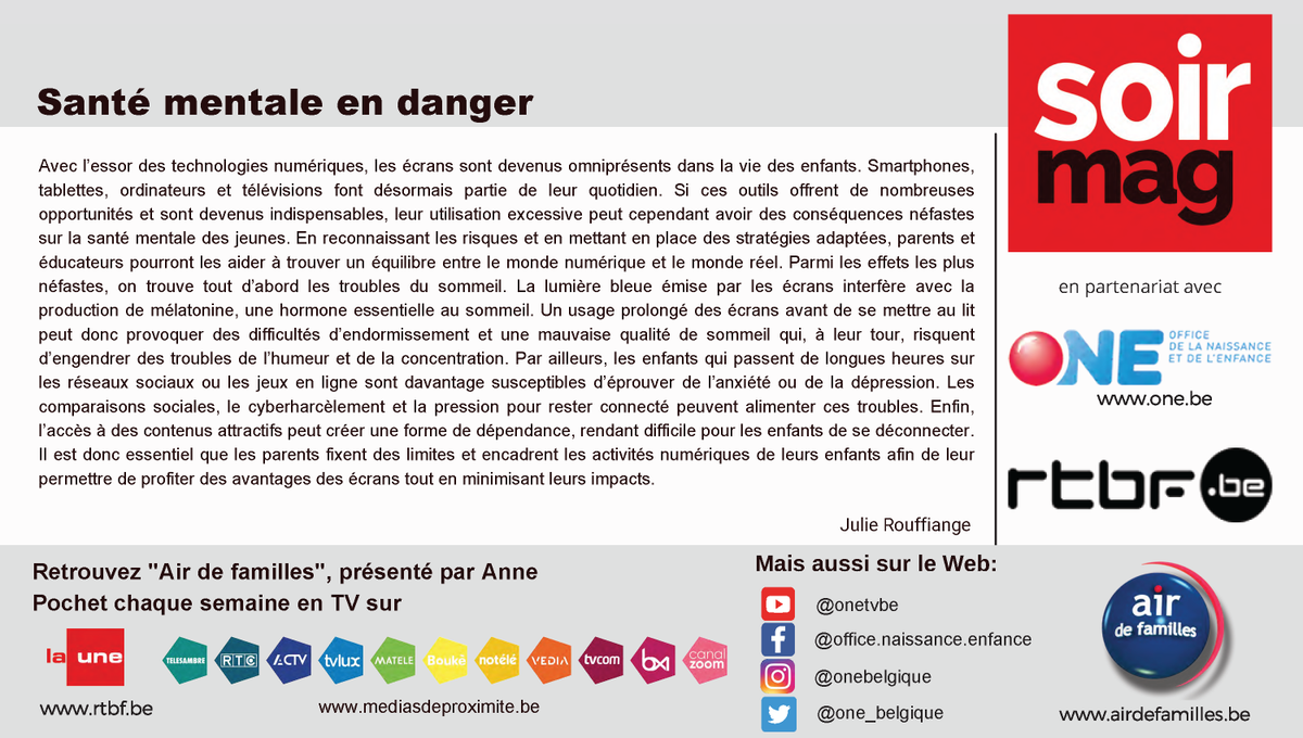 Quels sont les dangers des écrans pour les santé mentale des enfants ? Réponse avec <a href="/Soirmag/">soirmag.be</a> et Air de familles <a href="/RTBF/">RTBF</a>.