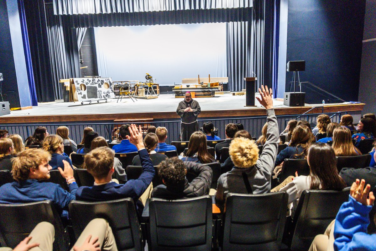We were blessed to be joined by Bishop John Stowe, who had a busy morning in our halls. Not only did he speak at morning Mass, but he also gave a special blessing to our DanceBlue sponsor child, Laurie Hart. Additionally, he shared a message with our theology classes.