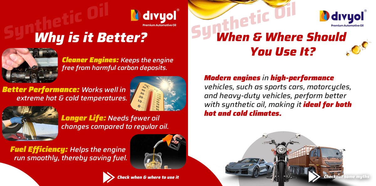 Divyol's tweet image. What is Synthetic Oil?
Unlike conventional oils, synthetic oil is engineered for superior protection, heat resistance & engine cleanliness—perfect for extreme conditions!
Swipe for more details!
#Divyol #SyntheticOil #EngineProtection #carcare #FuelEfficiency #BestEngineOil