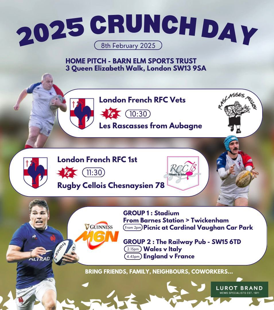 It’s time for Le Crunch. Join us in Barnes in the morning for 2 ‘social’ friendlies against touring French opposition. In the afternoon please join us for either a picnic in the Twickenham car park (message for ticket info) or in the pub. A big day of Rugby and Ricard awaits !
