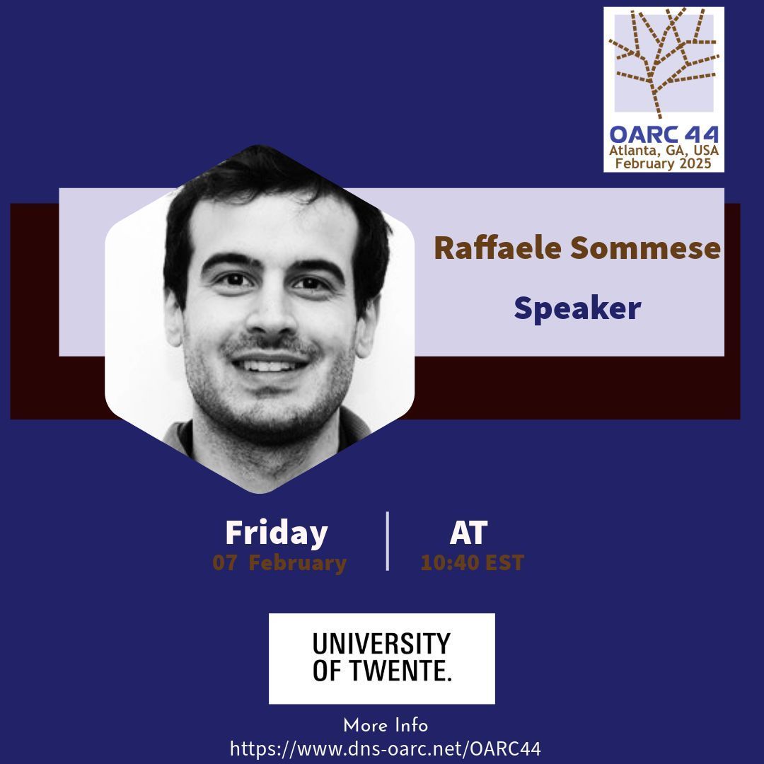 🔹 OARC 44 | Feb 7, 10:40 AM (EST)
Raffaele Sommese (#UniversityofTwente)
📊 Data needs for fighting DNS abuse
🤝 A call for collaboration on improving visibility into DNS changes. 

#LoveDNS #OARC44 ^RP