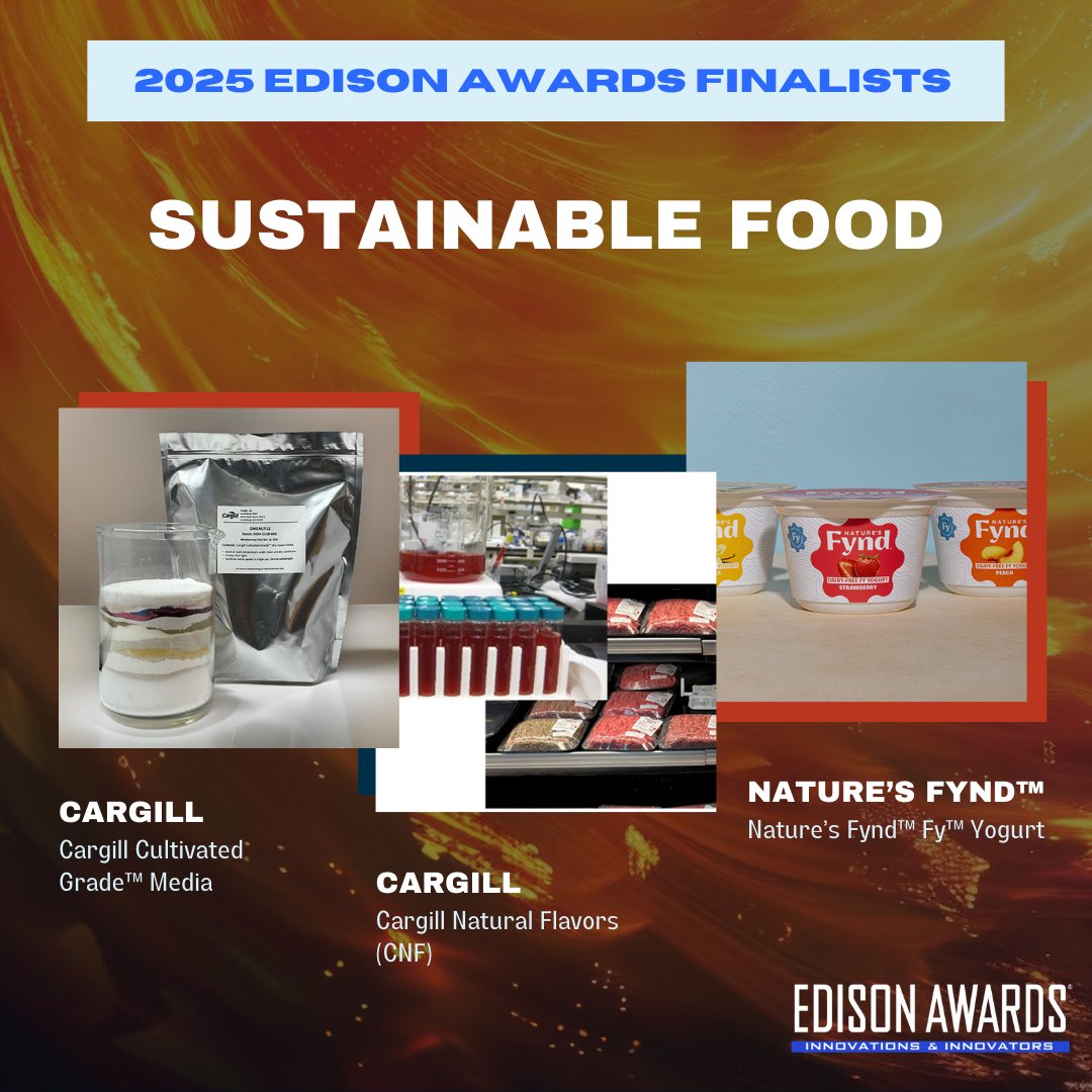 🌟MEET OUR FINALISTS🌟
SUSTAINABLE FOOD
🔹Cargill Cultivated Grade™ Media - <a href="/Cargill/">Cargill</a> 
🔹Cargill Natural Flavors (CNF) - <a href="/Cargill/">Cargill</a> 
🔹Nature’s Fynd™ Fy™ Yogurt - <a href="/naturesfynd/">Nature's Fynd</a> 

#EdisonAwards #SustainableFood #Agriculture #Innovation #Finalists
