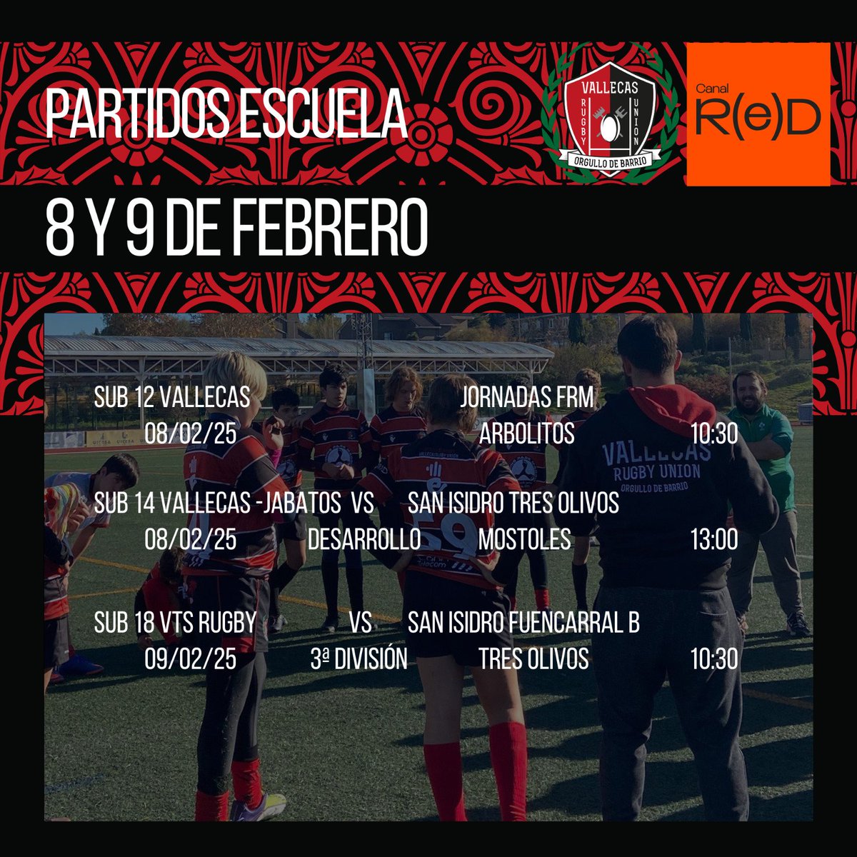 VallecasRU's tweet photo. Horarios de nuestra escuela mas #VRUtal
🖤 S12. Jornada @RugbyMadrid
🏟 Arbolitos🌲🌳
📆 S8, 10:30
❤️ S14 junto a @JabatosRugby vs @sanisidrorugby
🏟 Móstoles
📆 S8, 13:30
🖤 S18 con @SanseRugby @Rugby_SRRC @rugbytorrejon vs @sanisidrorugby
🏟 Tres Olivos
📆 D9. 10:30 https://t.co/GlODg2uNiP