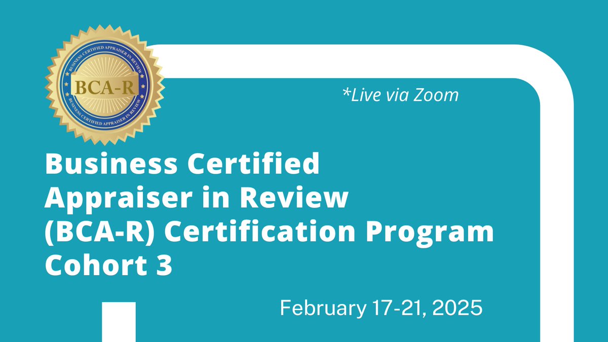 BCACredential's tweet photo. Join the 3rd BCA-R Workshop &amp; Seminar, Feb 17-21, 2025, 1 PM ET, and earn the prestigious BCA-R credential!

This program is tailored for certified business appraisers to master appraisal review standards, ethics, and best practices.

🔗 register Now: [https://t.co/ALU5sHPYNP ] https://t.co/LnmjEEOdzC