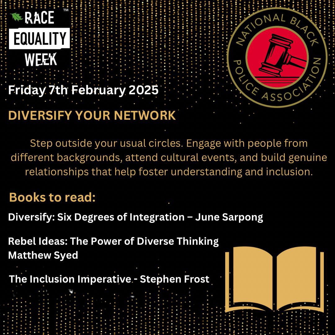 Day 5- Diversify Your Network

#raceequalityweek  #WorkplaceInclusion 
#DiversityMatters  #RacialJustice 
#EveryActionCounts #RaceEqualityMatters #NBPA #staffassociations #staffnetworks