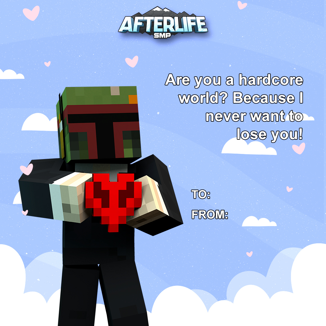 The 2nd batch of #Minecraft #AfterLifeSMP Valentine’s Cards are here 💌, &amp; they’re smoother than a silk touch pickaxe!

Featuring the charming faces of <a href="/tink_fro/">tinkfro</a>, <a href="/blockerlocker/">Quentin Xavier</a>, <a href="/JustinRL94/">JustinL</a>, &amp; ztVypr, these cards are guaranteed to mend broken hearts (unbreaking not included). 💕