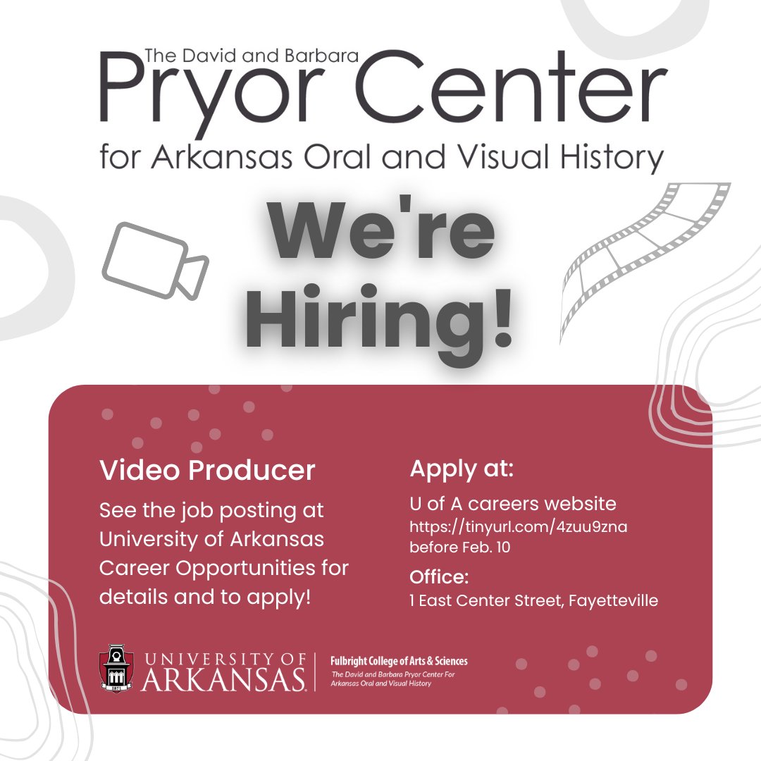 Are you job hunting? Interested in helping to preserve Arkansas history? There's still a chance to be a full-time video producer with our team! Head over to the U of A Career Opportunities website at tinyurl.com/4zuu9zna before Monday for details and to submit an application.