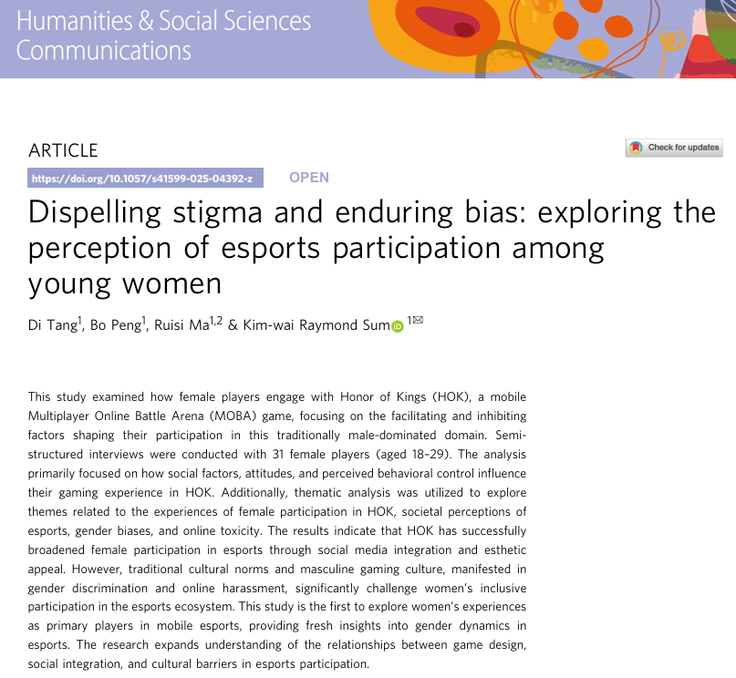 DrSethJenny's tweet photo. New citation to our #esports research:
"Dispelling stigma and enduring bias: Exploring the perception of esports participation among young women"
@HonorOfKings #HOK #TheoryofPlannedBahavior #GenderStudies #Women #Discrimination #HonorOfKings
Full text: https://t.co/RqwkYVArg9 https://t.co/z8c16Vo7Qq