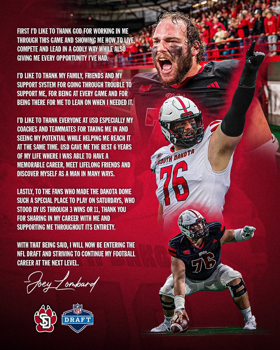 BackthePackSD's tweet photo. @JoeyLombard77 is 1 of 1. 

He grew up fast, became a brick wall in the middle of the O-Line for 5+ years and leaves as 1st team All-MVFC with an MVFC Championship! 🧱🏆

Thank you is not enough. 🫡🐺
#TRUEYOTE 
#GoYotes

📺: https://t.co/9AsHTrbGAs

🎧: https://t.co/QRJhjwwnSW https://t.co/Hdd22YCXiU