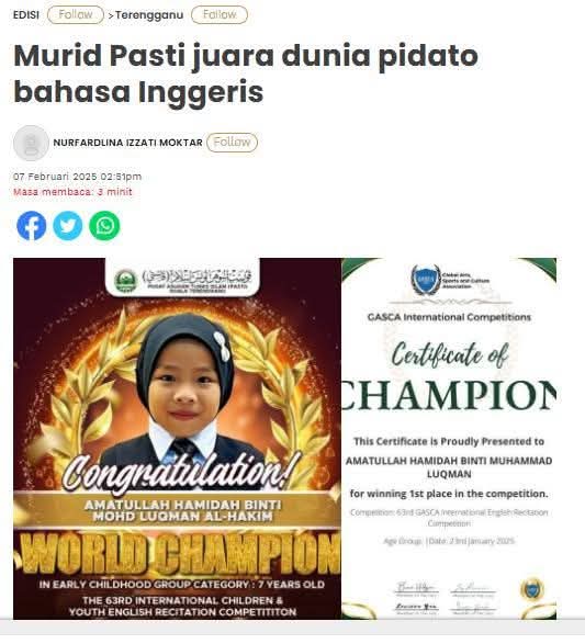 Alhamdulillah...kami memang utamakan kejayaan anak² PASTI. 
Juara pidato peringkat dunia; bahasa  Inggeris pulak tu.

Terima kasih <a href="/SinarOnline/">SinarHarian</a>