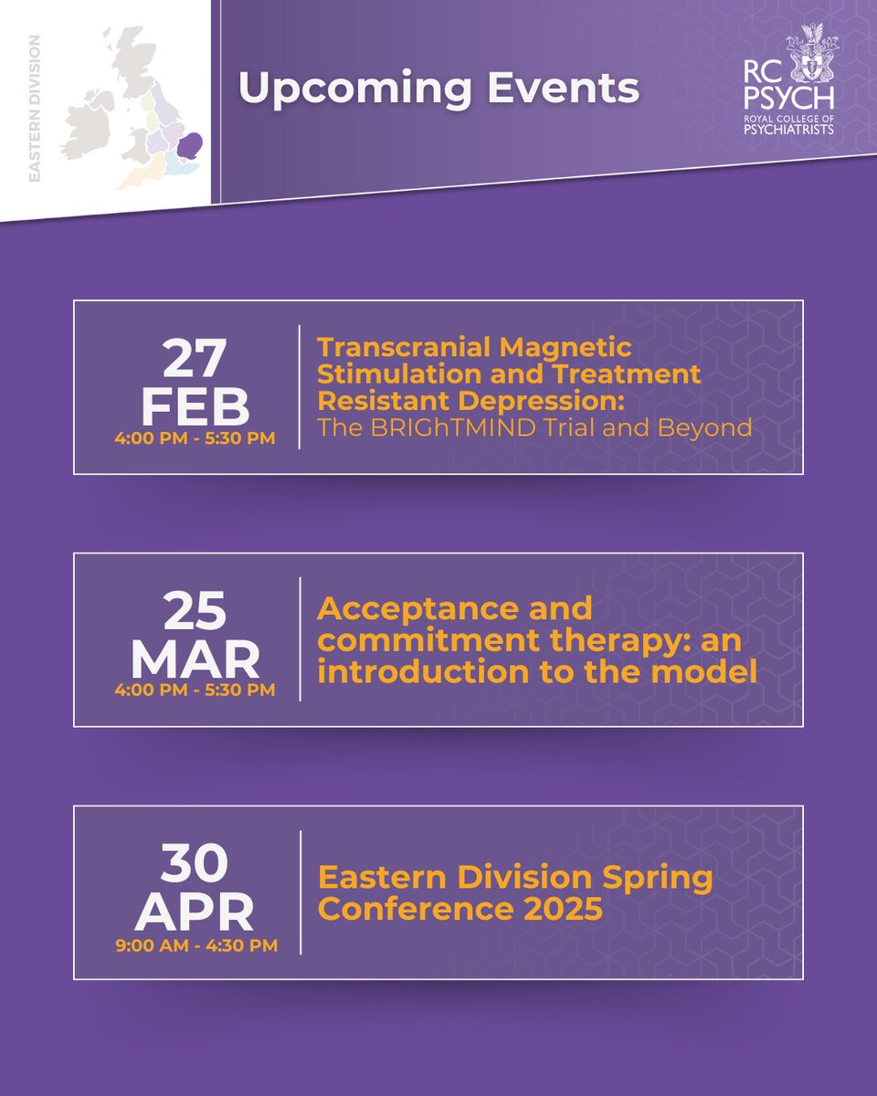 rcpsychEastern's tweet image. 🗓️Put these in your calendar!

Come and join us for these wonderful upcoming events in the Eastern Division. Some fantastic opportunities to expand your knowledge.🧠

You can find these events and all future division events here🔗bit.ly/4dIleLT
@Kallur_Suresh