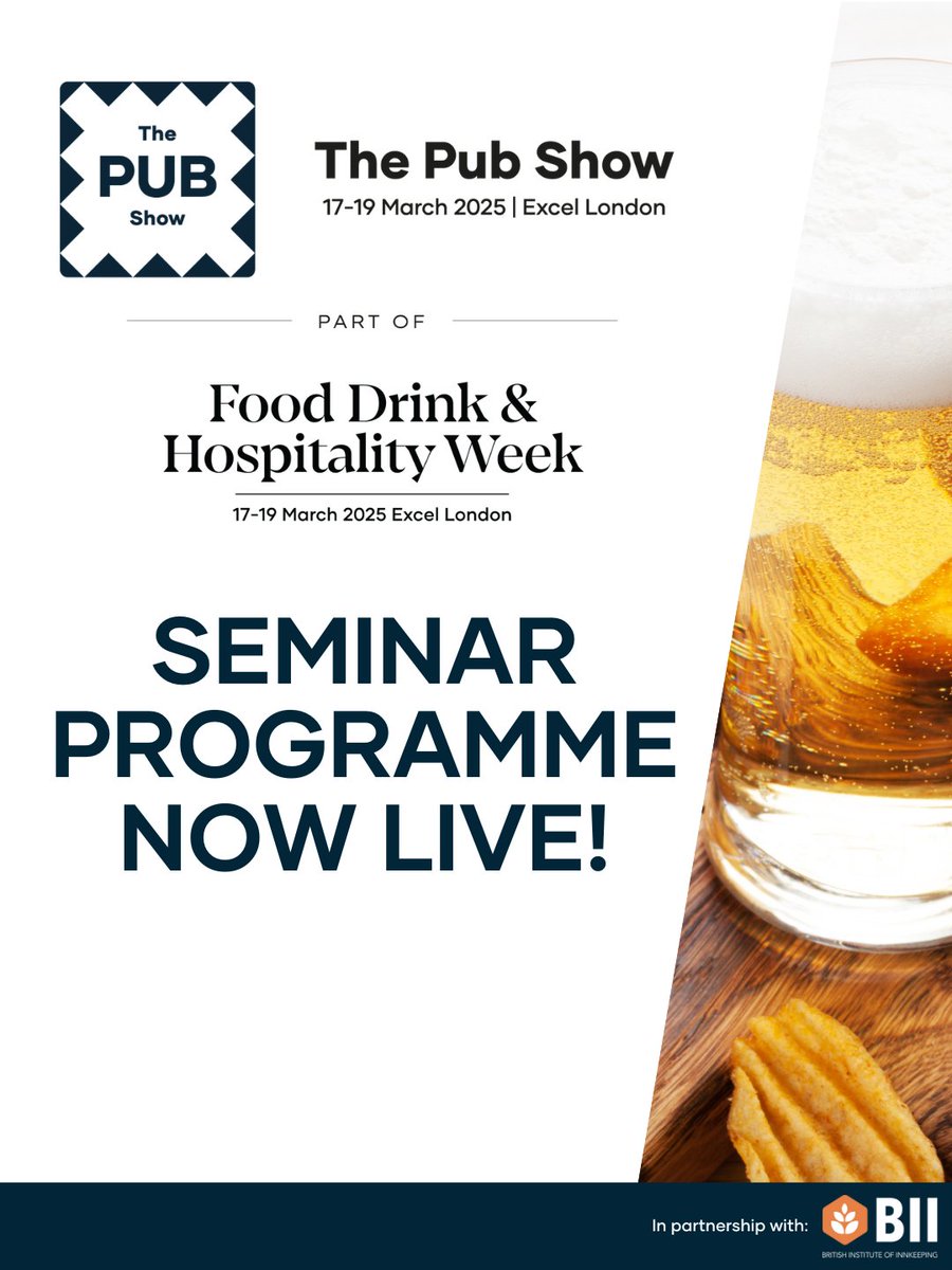 BIIandBIIAB's tweet photo. Exciting news for #PUB25 ... the seminar programme is now live!

Join us on The Pub Stage from 17-19 March at Excel London and indulge in freshly served expertise as we host the industry's most renowned leaders, associations, and top operators for the ultimate knowledge exchange.

From boosting sales with alcohol-free options, to driving footfall through competitive socialising, and the role of effective training - our seminar programme is packed with unmissable topics to help future-proof your pub.

View the line-up here: 👉 https://t.co/WT5dbcxlFR

#PUB25 #programmelaunch #foodanddrink #foodandrinkevent #pubandbar #FDHW #FDHW25