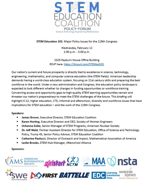 Curious what's happening in Fed. STEM Ed.? Need help navigating? Join us next Wednesday on Capitol Hill! (Virtually or in-person)
#STEMed #STEMpolicy #STEMeducation #EdInnovation #StateofSTEM