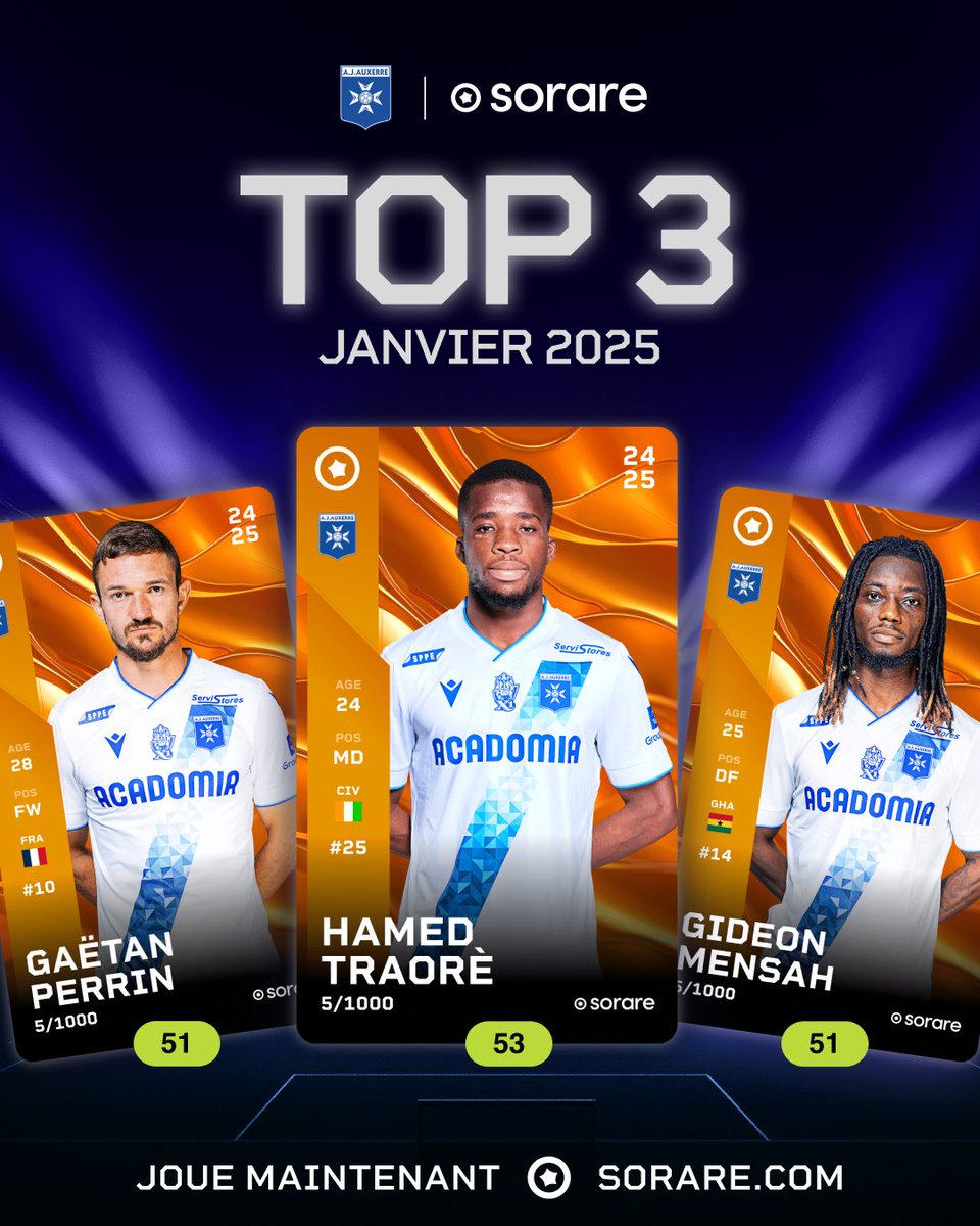 AJA's tweet photo. 🔝 Top 3⃣ Sorare de Janvier ⭐

On vous fait gagner une carte Limited parmi les trois  joueurs de l’AJA du mois 🍀

Pour participer :
- Follow @Sorare &amp; @AJA
- RT la publication
- Commente avec la carte de ton choix

#TeamAJA https://t.co/qTpCSCgSn5