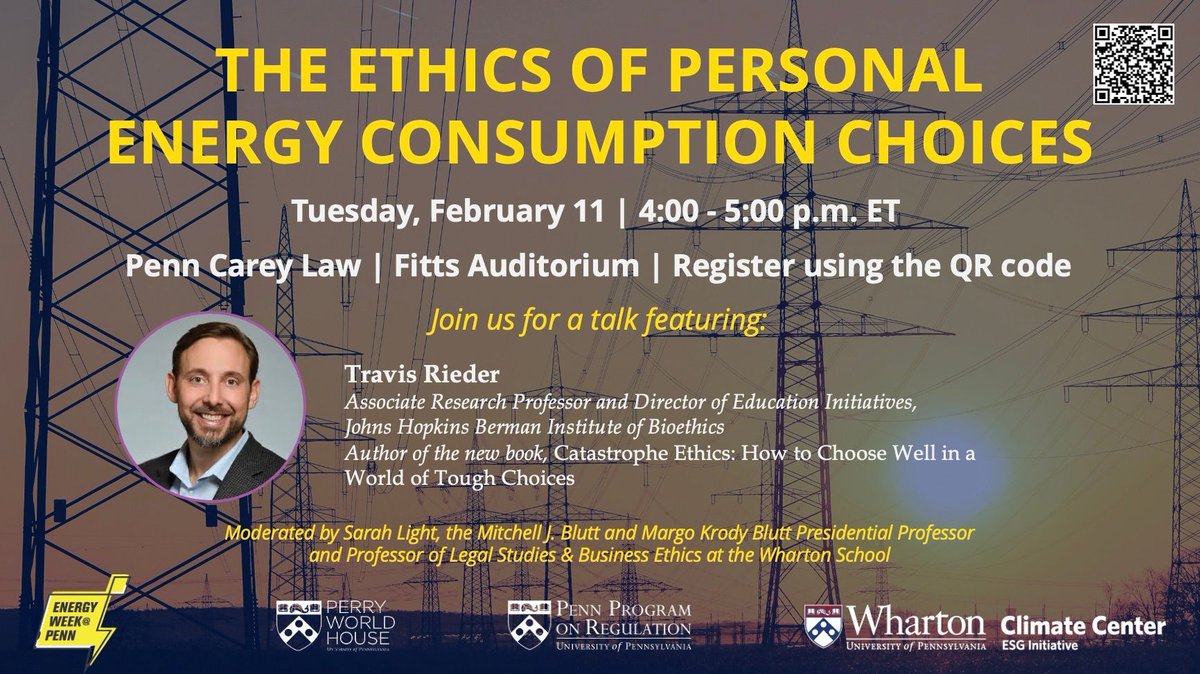 The Regulatory Review (@theregreview) on Twitter photo On Tues, 2/11, at 4PM ET, Travis Rieder, author of “Catastrophe Ethics,” will deliver a talk on “The Ethics of Personal Energy Consumption Choices.” Organized by the <a href="/Penn/">Penn</a> Program on Regulation, co-sponsored by <a href="/perryworldhouse/">Perry World House</a> & <a href="/WhartonESG/">The ESG Initiative at the Wharton School</a>. Join us! buff.ly/4azyTov On Tues, 2/11, at 4PM ET, Travis Rieder, author of “Catastrophe Ethics,” will deliver a talk on “The Ethics of Personal Energy Consumption Choices.” Organized by the <a href="/Penn/">Penn</a> Program on Regulation, co-sponsored by <a href="/perryworldhouse/">Perry World House</a> & <a href="/WhartonESG/">The ESG Initiative at the Wharton School</a>. Join us! buff.ly/4azyTov