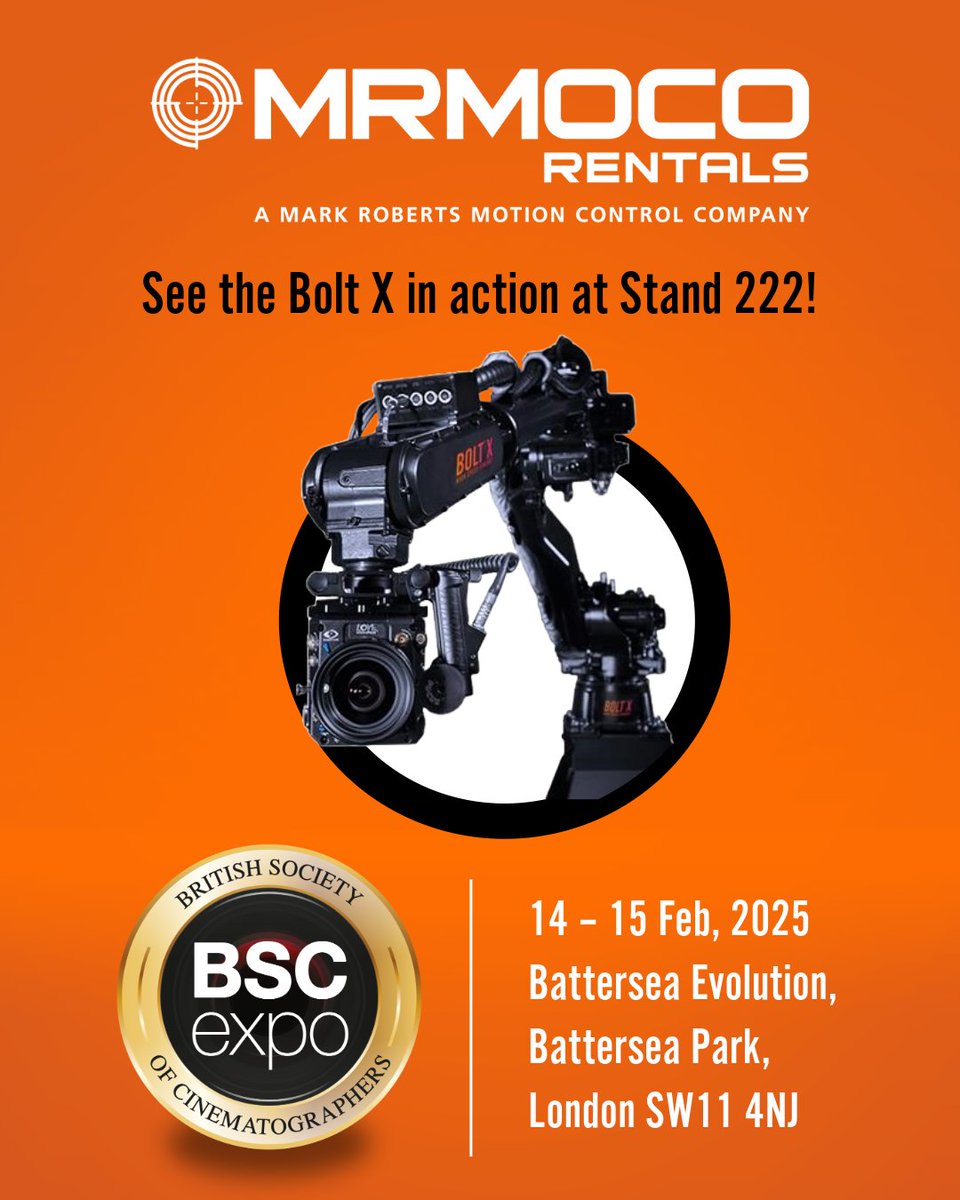 Join MrMoco Rentals at BSC Expo next week, from February 13th to 15th, at Battersea Evolution, London 💂

#BSCExpo #MrMocoRentals #MotionControl #BoltCinebot #BoltX #Panavision