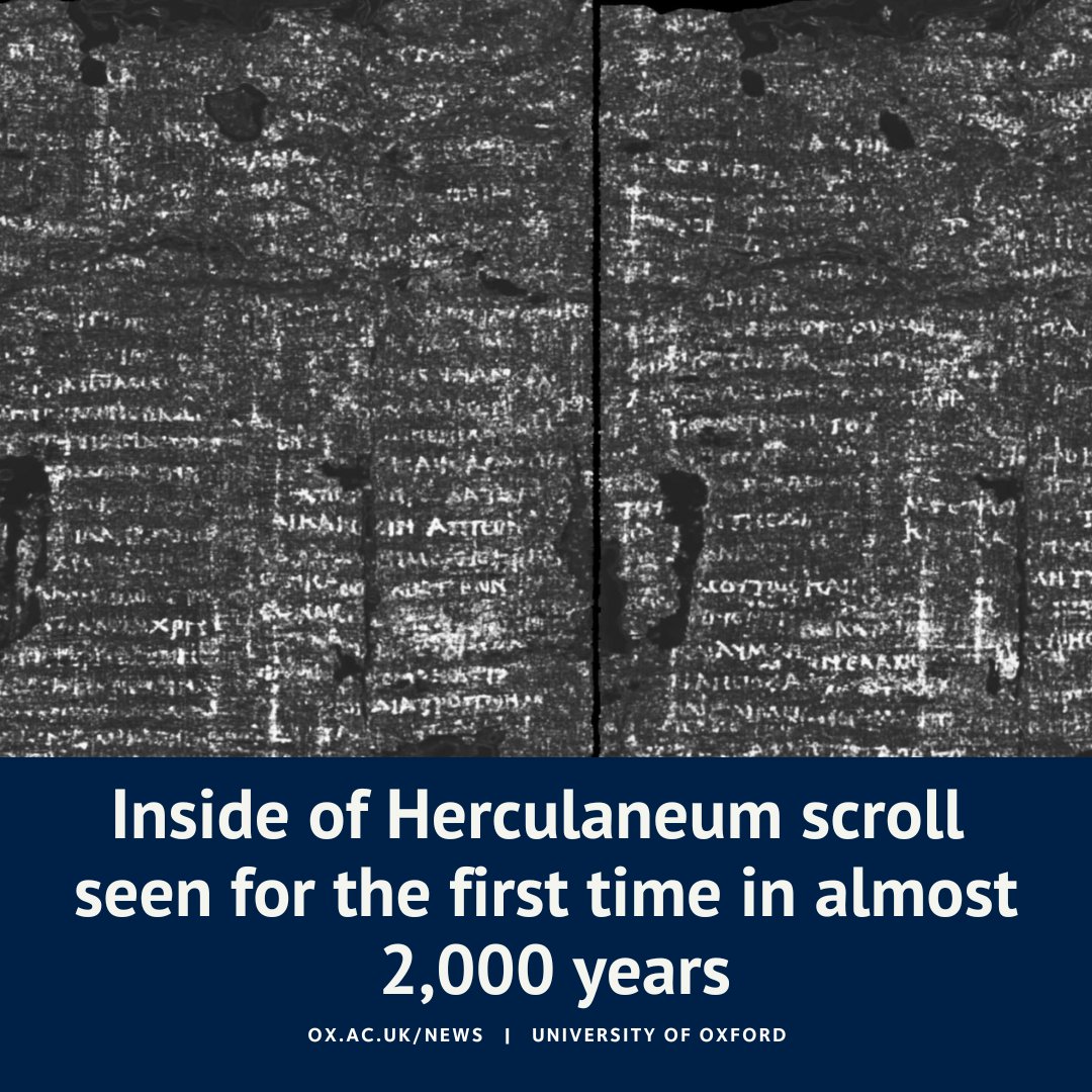University of Oxford (@uniofoxford) on Twitter photo The <a href="/bodleianlibs/">Bodleian Libraries</a> and the Vesuvius Challenge have announced a historic breakthrough in the endeavour to decipher text preserved on papyrus scrolls from the ancient site of Herculaneum. The <a href="/bodleianlibs/">Bodleian Libraries</a> and the Vesuvius Challenge have announced a historic breakthrough in the endeavour to decipher text preserved on papyrus scrolls from the ancient site of Herculaneum.