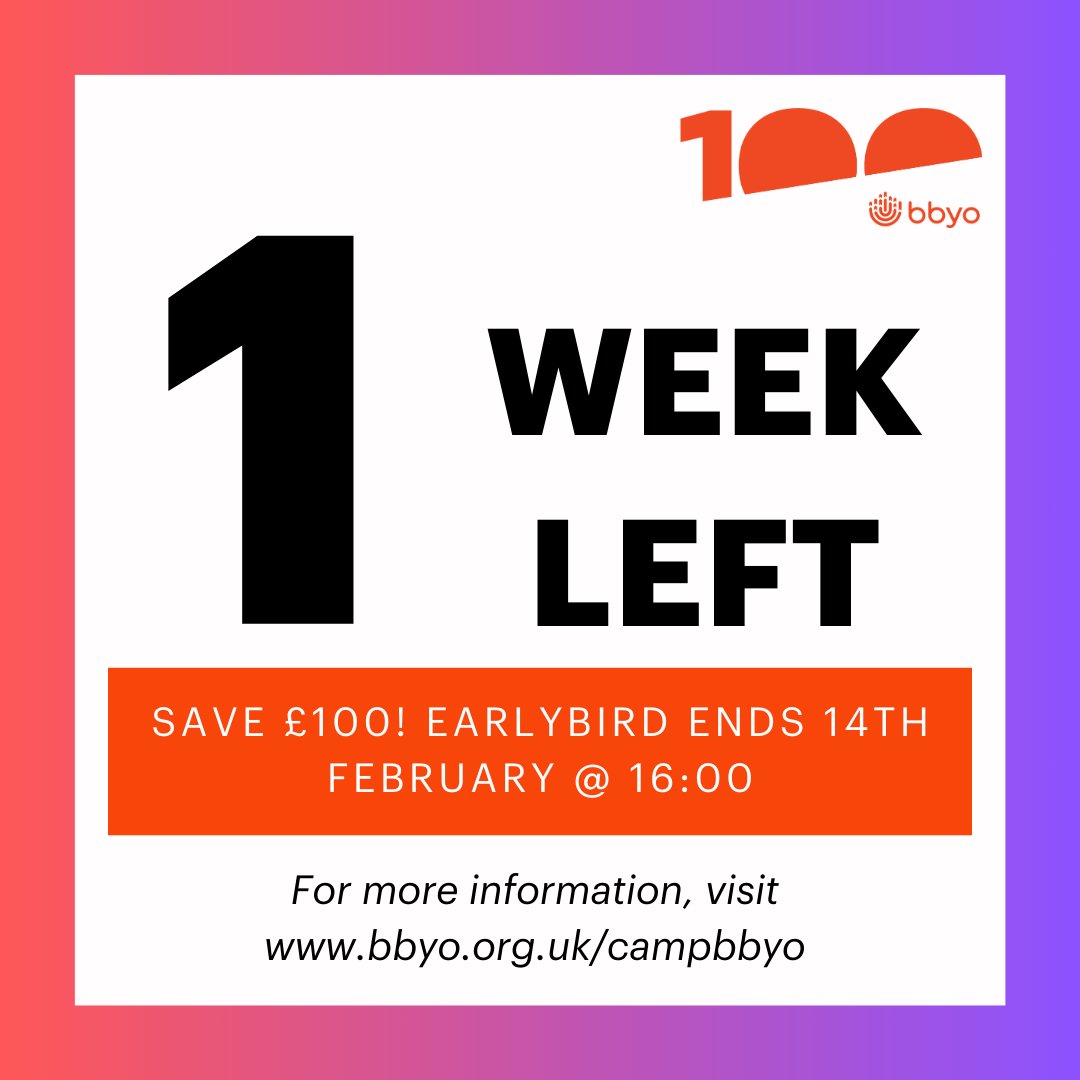 🚨 ONE WEEK LEFT! 🚨

Don’t miss out on saving! ⏳ The earlybird deadline for Camp BBYO is 14th February @ 16:00 – secure your spot now!

🔗 Sign up today: bbyo.org.uk/campbbyo

#BBYO #CampBBYO #Summer2024 #JewishYouth #Countdown