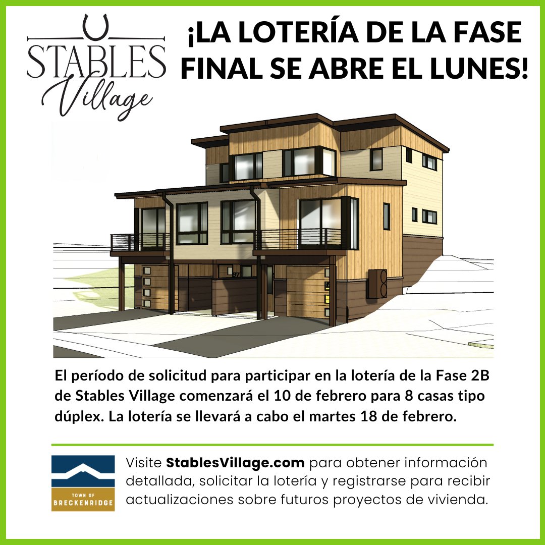 The final Stables application lottery for eight 3-bedroom duplexes runs February 10-16. The lottery is held February 18 and results released on February 19. Visit StablesVillage.com for complete information.