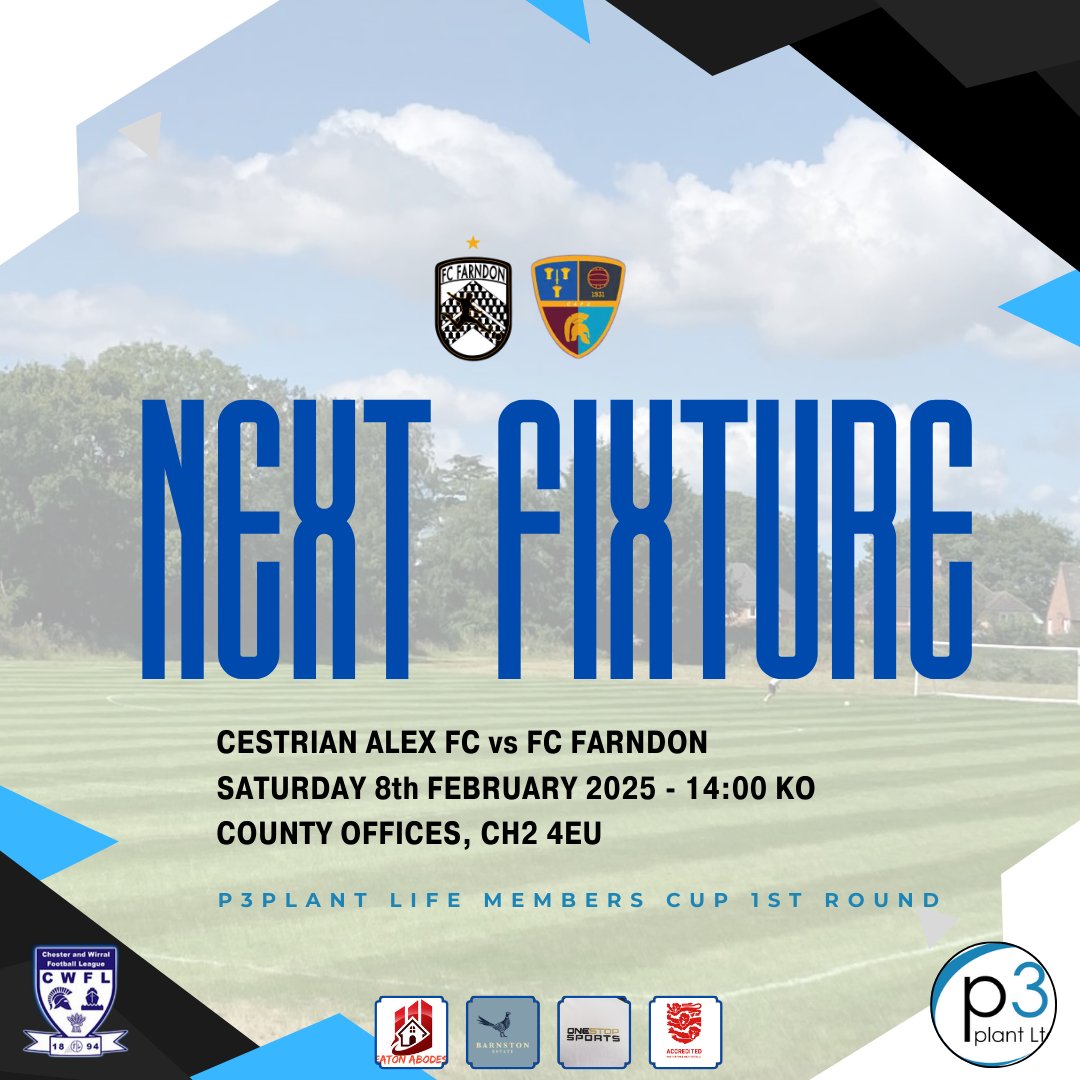 FC Farndon (@fc_farndon) on Twitter photo We travel to <a href="/CheshireThe/">The Cheshire</a> tomorrow afternoon as we start our <a href="/P3Plant/">P3 Plant Ltd</a> Life Members Cup Campaign against <a href="/qferrysports/">Queensferry Sports</a> side, <a href="/CestrianAlexFC/">Cestrian Alexandra</a>.
KO is at 2pm.. Everyone is welcome to come along π
#Upthefarndon We travel to <a href="/CheshireThe/">The Cheshire</a> tomorrow afternoon as we start our <a href="/P3Plant/">P3 Plant Ltd</a> Life Members Cup Campaign against <a href="/qferrysports/">Queensferry Sports</a> side, <a href="/CestrianAlexFC/">Cestrian Alexandra</a>.
KO is at 2pm.. Everyone is welcome to come along π
#Upthefarndon