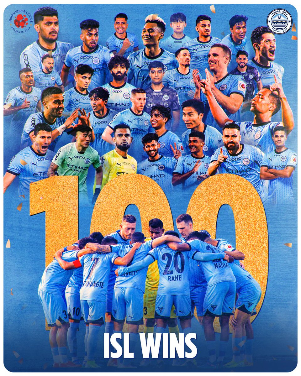 𝐂𝐄𝐍𝐓𝐔𝐑𝐘 𝐎𝐅 𝐖𝐈𝐍𝐒 💯🤩🩵

#TheIslanders make history as the first team to hit 1️⃣0️⃣0️⃣ wins in the Indian Super League 💪  

#ISL #NEUMCFC #AamchiCity 🔵