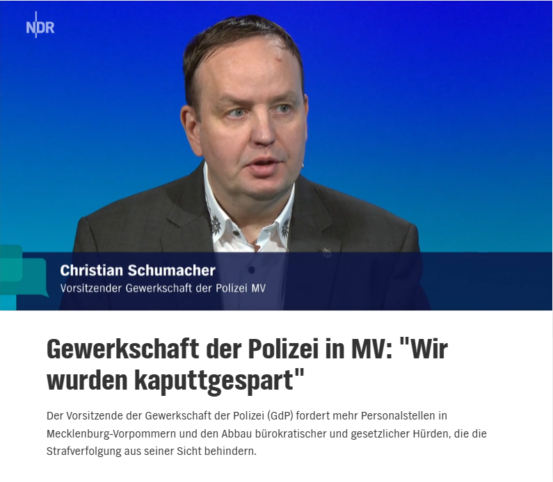 Seit zehn Jahren habe die Politik in #MV Stellen für 6.200 Polizistinnen und Polizisten versprochen. "Wir sind es nicht und wir werden es auch dieses Jahr nicht werden. Wir sind seit Jahren kaputtgespart worden", sagte Schumacher dem #NDR
---
➡️ zum NDR MV t1p.de/v61o0