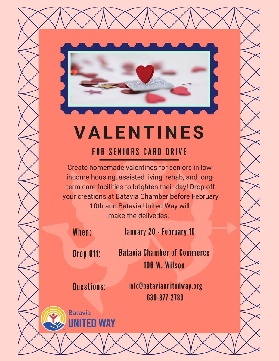 BataviaWay's tweet image. Looking for something sweet to do this weekend?  Drop off homemade valentine cards to the Batavia Chamber of Commerce building by February 10th. We'll deliver them to seniors in low-income housing, assisted living, and long-term care facilities to brighten their day!