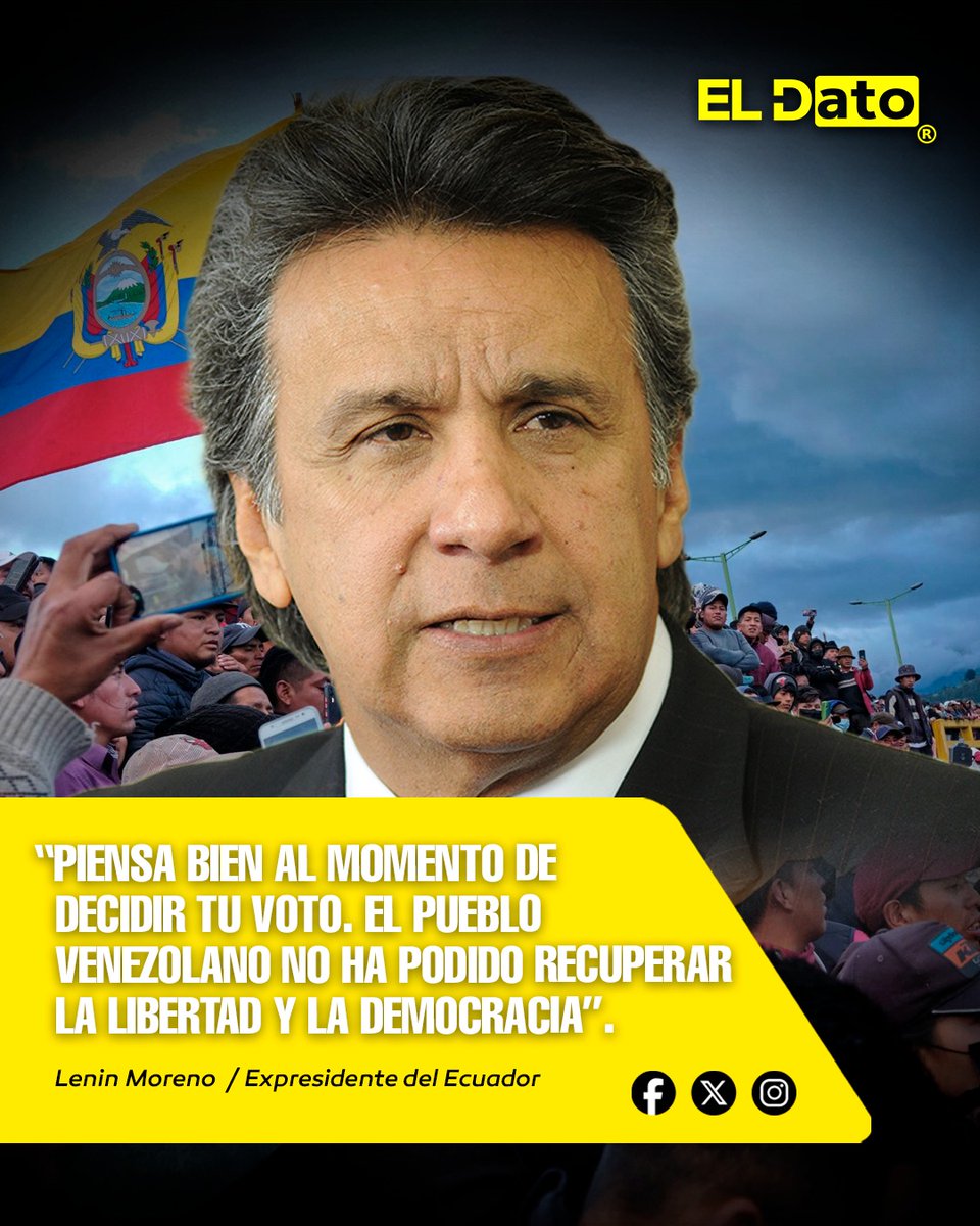 ElDatoEcua's tweet photo. #Urgente “PIENSA BIEN AL MOMENTO DE DECIDIR TU VOTO. EL PUEBLO VENEZOLANO NO HA PODIDO RECUPERAR LA LIBERTAD Y LA DEMOCRACIA”.

El expresidente del Ecuador, Lenín Moreno, hizo un llamado a la reflexión a los ciudadanos ecuatorianos en el contexto político actual.

"El voto es una herramienta poderosa. Lo que ha ocurrido en Venezuela nos deja una gran lección: la democracia y la libertad pueden perderse fácilmente si las decisiones no son tomadas con conciencia," afirmó Moreno, subrayando la importancia de una participación informada en las elecciones.

@ElDatoEcua 👈

#ElDato #Ecuador #Quito #Gobierno #Política
