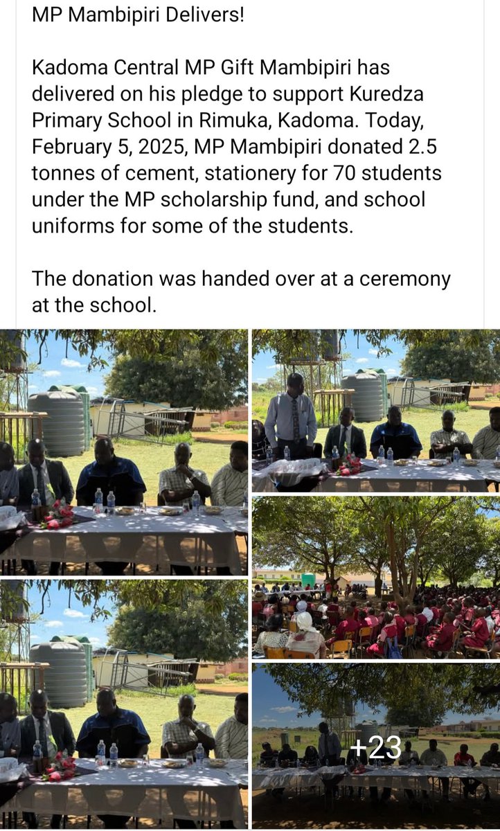Willard Madzimbamuto (@villageadv) on Twitter photo As we enter the blessed Sabbath Hours, Dear citizens, We cannot but keep silent on the quality assembled by <a href="/nelsonchamisa/">nelson chamisa</a> for the 2023 Plebiscite. This is Kadoma Central Mp <a href="/GiftGivaldo/">Hon Gift Mambipiri</a>. 2.5 tonnes cement , stationery for 70 students & School Uniforms for Kuredza Pry School. As we enter the blessed Sabbath Hours, Dear citizens, We cannot but keep silent on the quality assembled by <a href="/nelsonchamisa/">nelson chamisa</a> for the 2023 Plebiscite. This is Kadoma Central Mp <a href="/GiftGivaldo/">Hon Gift Mambipiri</a>. 2.5 tonnes cement , stationery for 70 students & School Uniforms for Kuredza Pry School.
